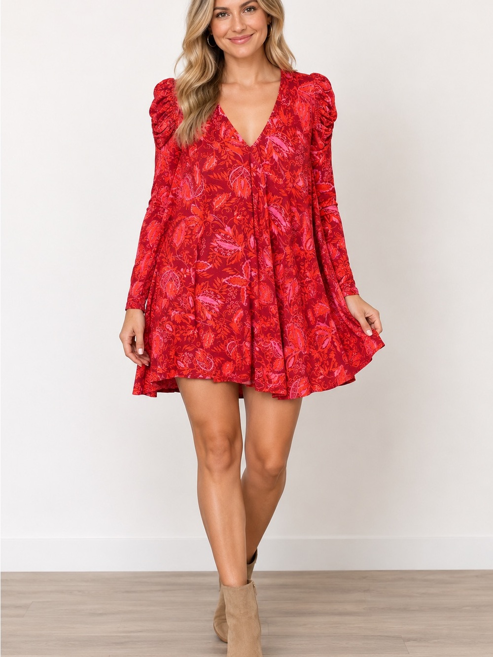 Free People Hello Lover Tunic Dress Red Pink Floral Ruched Sleeve, Size Large